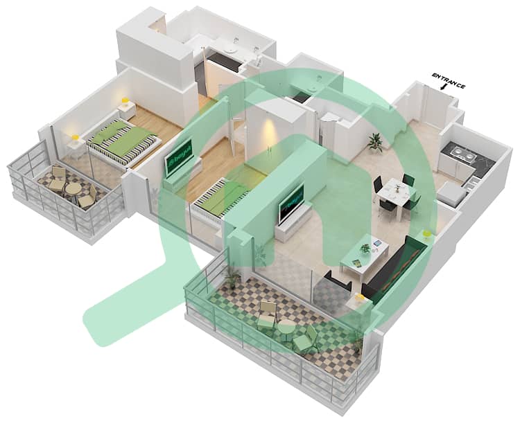 المخططات الطابقية لتصميم الوحدة 3 FLOOR 2 شقة 2 غرفة نوم - ذا جراند interactive3D