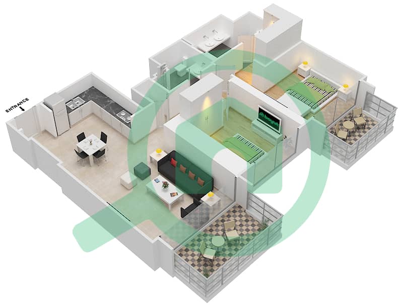 المخططات الطابقية لتصميم الوحدة 1 FLOOR 3-23,25-48 شقة 2 غرفة نوم - ذا جراند interactive3D