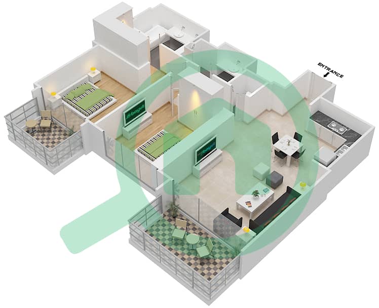 المخططات الطابقية لتصميم الوحدة 7 FLOOR 3-23,25-48 شقة 2 غرفة نوم - ذا جراند interactive3D