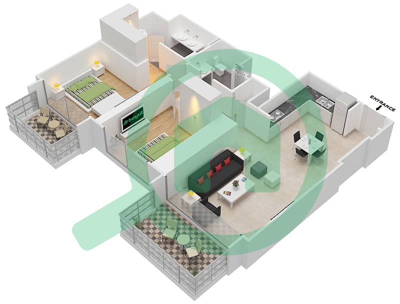 المخططات الطابقية لتصميم الوحدة 10 FLOOR 3-23,25-48 شقة 2 غرفة نوم - ذا جراند interactive3D