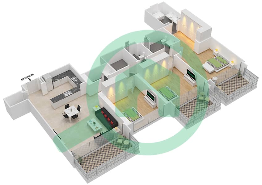 المخططات الطابقية لتصميم الوحدة 1 FLOOR 50-59 شقة 3 غرف نوم - ذا جراند interactive3D