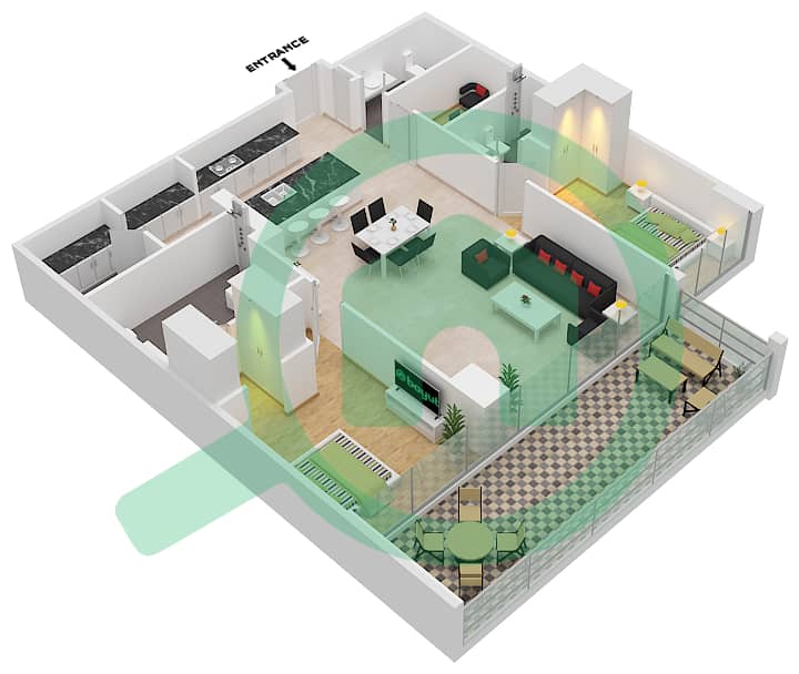 六善公寓 - 2 卧室顶楼公寓类型／单位A1/1,4 FLOOR 1戶型图 interactive3D