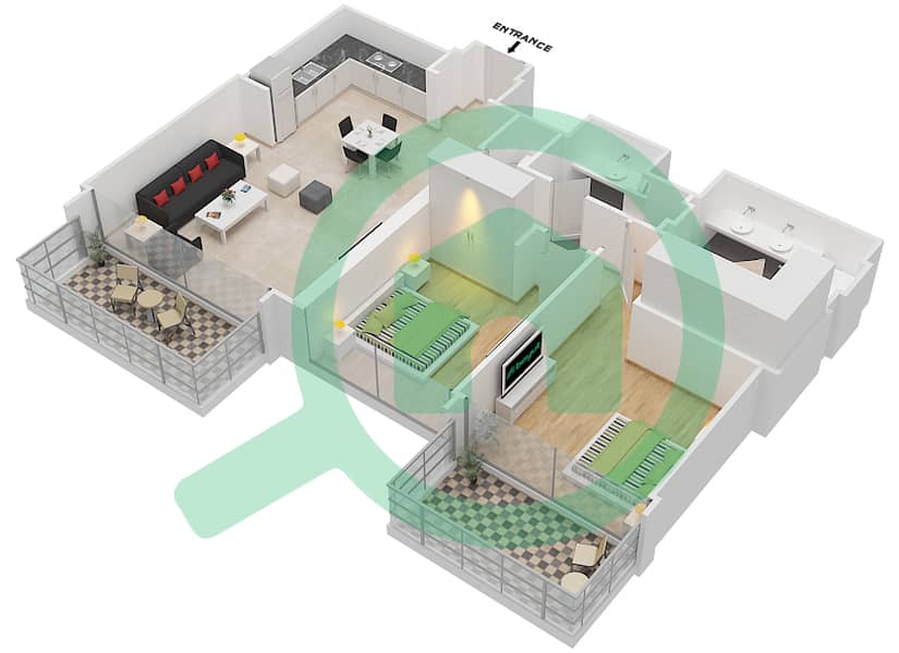 المخططات الطابقية لتصميم الوحدة 3 FLOOR 50-59 شقة 2 غرفة نوم - ذا جراند interactive3D