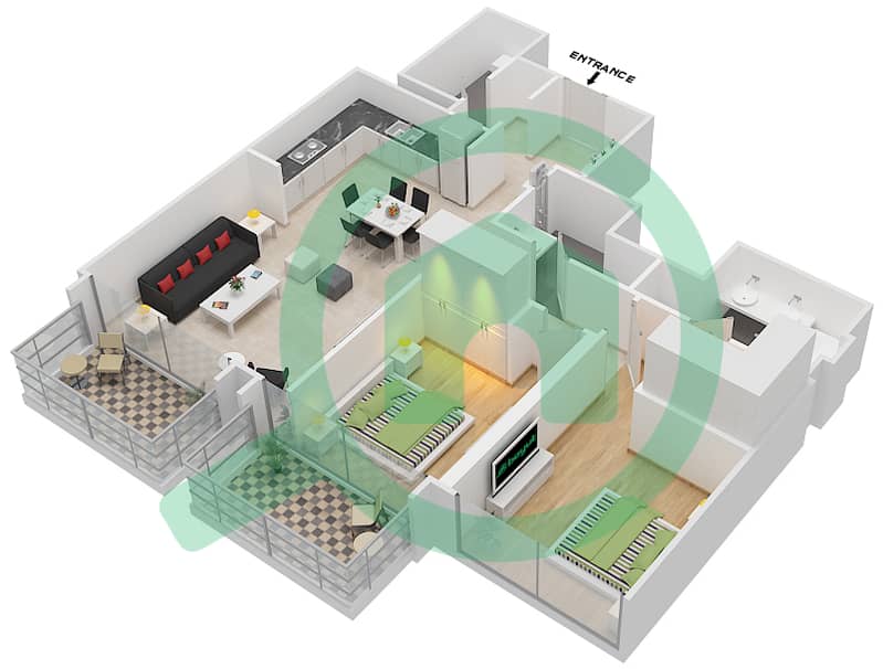 المخططات الطابقية لتصميم الوحدة 4 FLOOR 50-59 شقة 2 غرفة نوم - ذا جراند interactive3D