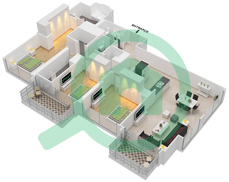 المخططات الطابقية لتصميم الوحدة 7 FLOOR 50-59 شقة 3 غرف نوم - ذا جراند interactive3D