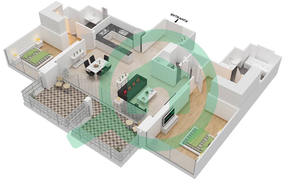 المخططات الطابقية لتصميم الوحدة 1 FLOOR 61-62 شقة 2 غرفة نوم - ذا جراند interactive3D