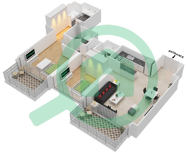 المخططات الطابقية لتصميم الوحدة 3 FLOOR 61-62 بنتهاوس 2 غرفة نوم - ذا جراند interactive3D