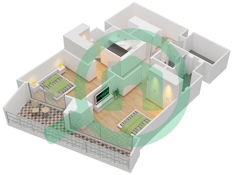 格兰德大厦 - 3 卧室联排别墅单位13戶型图 interactive3D