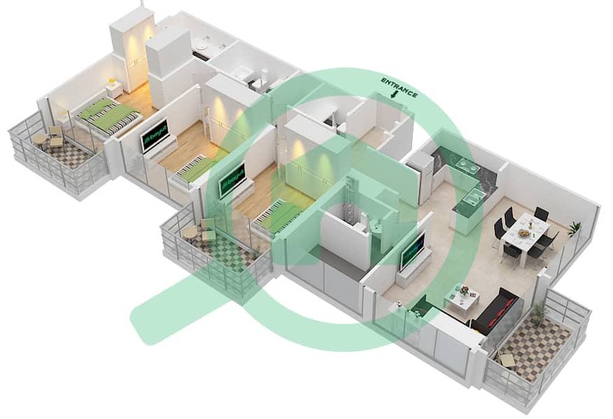 المخططات الطابقية لتصميم الوحدة 2 FLOOR 50-59 شقة 3 غرف نوم - ذا جراند interactive3D