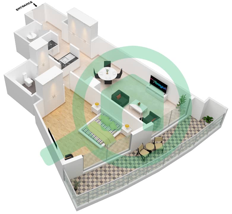 المخططات الطابقية لتصميم الوحدة 4A FLOOR 7 شقة 1 غرفة نوم - داماك ميزون ماجستين interactive3D