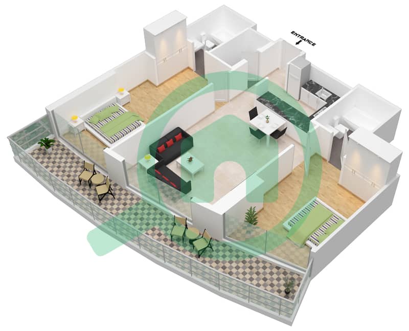 المخططات الطابقية لتصميم الوحدة 9 FLOOR 4 شقة 2 غرفة نوم - داماك ميزون ماجستين interactive3D