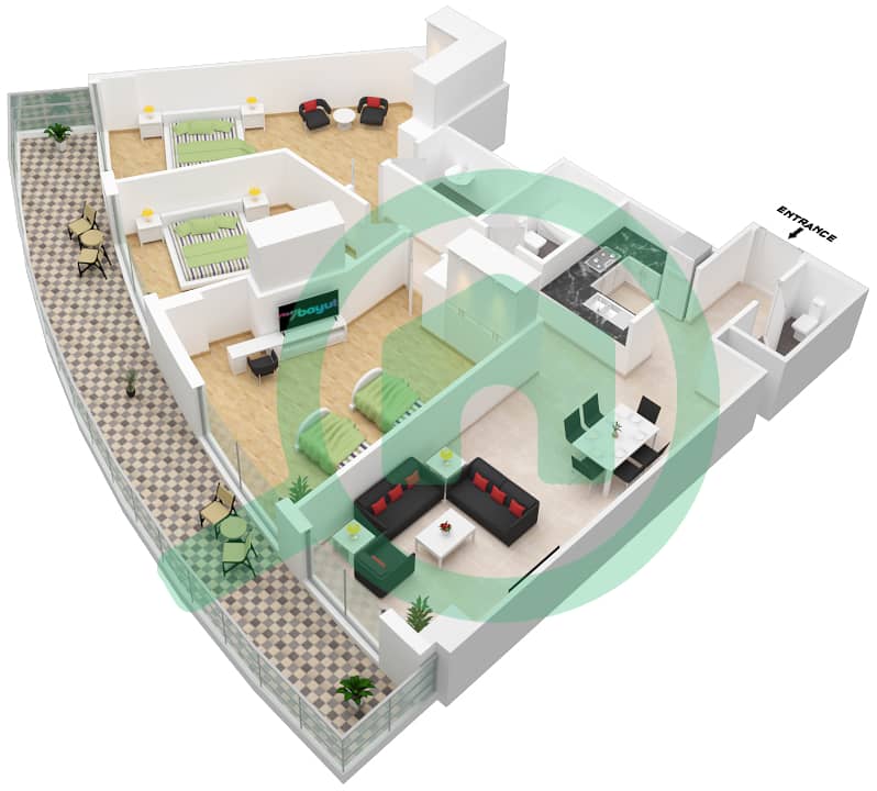 المخططات الطابقية لتصميم الوحدة 4 FLOOR 19 شقة 3 غرف نوم - داماك ميزون ماجستين interactive3D