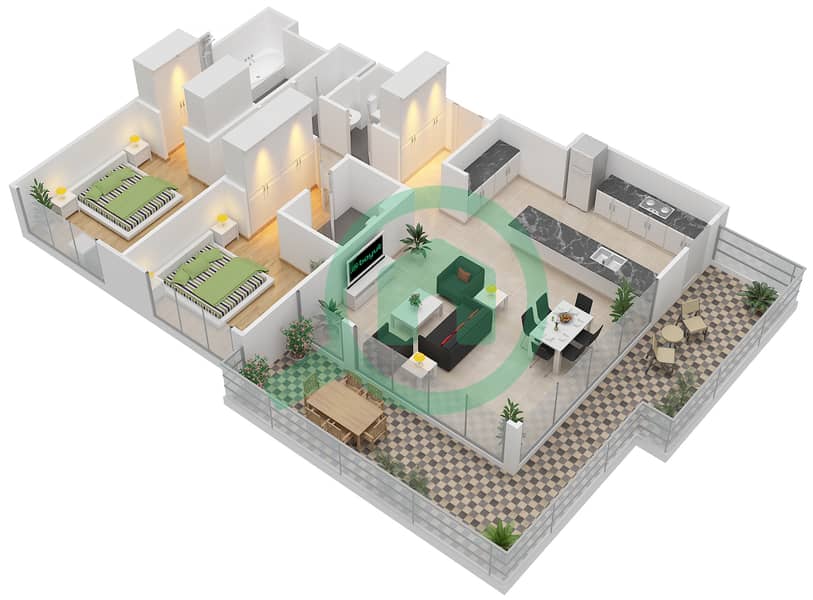 المخططات الطابقية لتصميم النموذج / الوحدة 2B/14,24 شقة 2 غرفة نوم - 1 ملبيري Floor 1 interactive3D