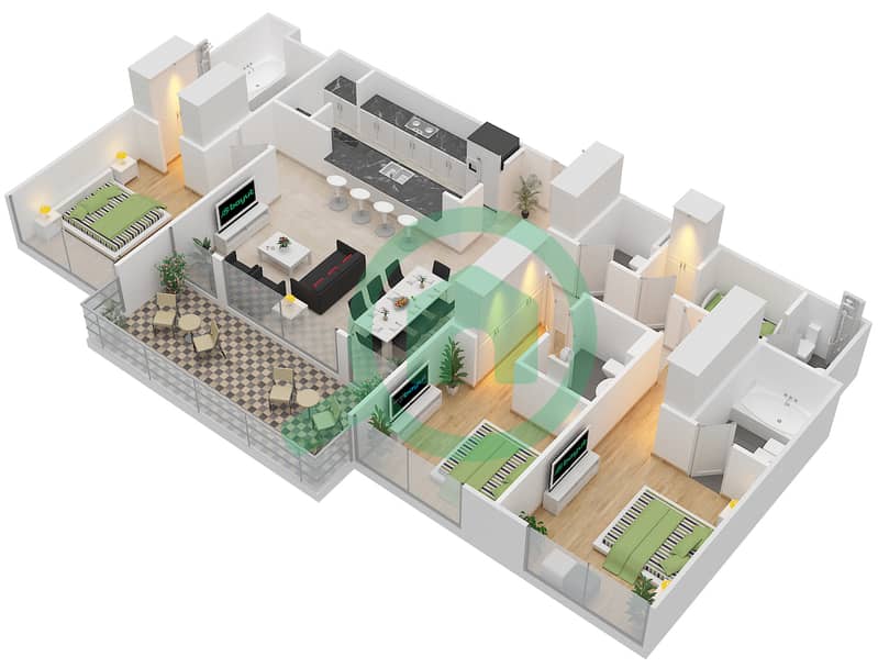 桑葚1号塔楼 - 3 卧室公寓类型／单位1B/9戶型图 Floor 1 interactive3D