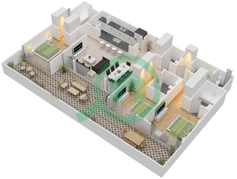 المخططات الطابقية لتصميم النموذج / الوحدة 1G/9,11 شقة 3 غرف نوم - 1 ملبيري Ground Floor interactive3D