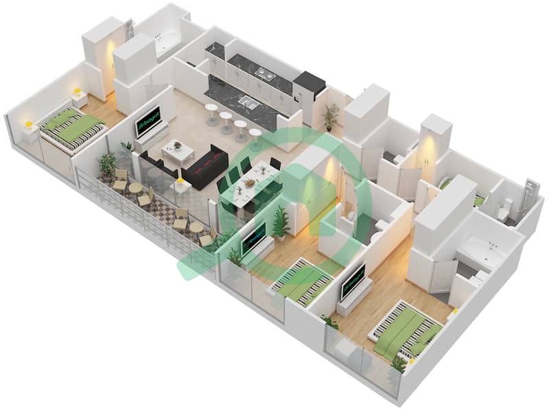 桑葚1号塔楼 - 3 卧室公寓类型／单位1A/11戶型图 Floor 2,4 interactive3D
