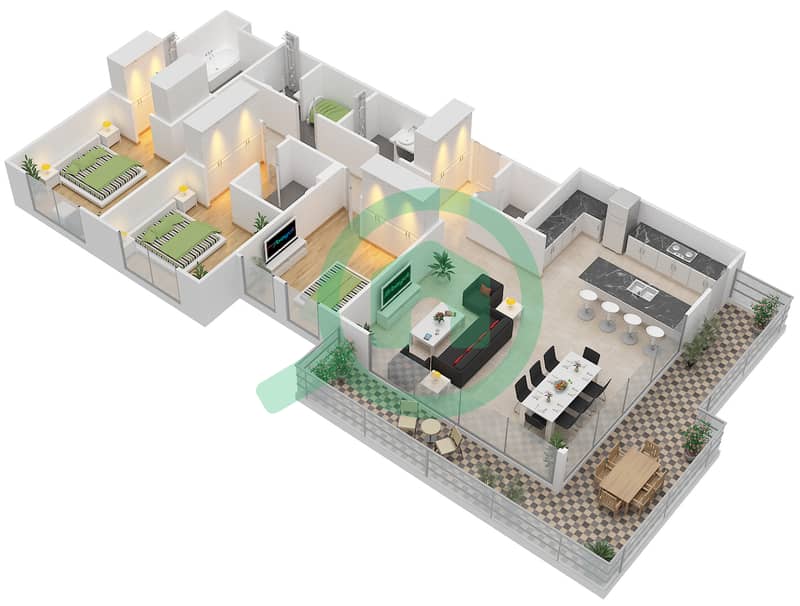 桑葚1号塔楼 - 3 卧室公寓类型／单位2A/1,10,22戶型图 Floor 1 interactive3D