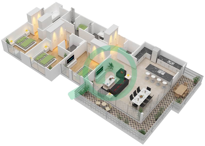 المخططات الطابقية لتصميم النموذج / الوحدة 2B/1, 10,,24 شقة 3 غرف نوم - 1 ملبيري Floor 2 interactive3D