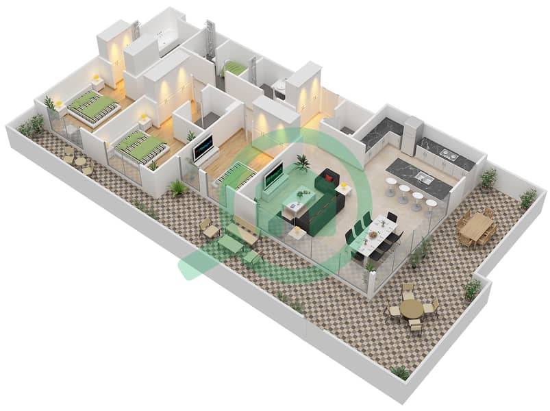 المخططات الطابقية لتصميم النموذج / الوحدة 2G/1,2,10,12 ,20 شقة 3 غرف نوم - 1 ملبيري Ground Floor interactive3D