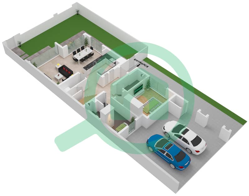 المخططات الطابقية لتصميم النموذج 4E-1 تاون هاوس 4 غرف نوم - لا فيوليتا Ground Floor interactive3D