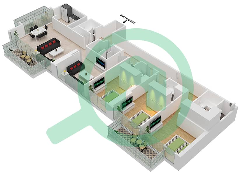 BLVD Хайтс Тауэр 2 - Апартамент 3 Cпальни планировка Единица измерения 6 interactive3D