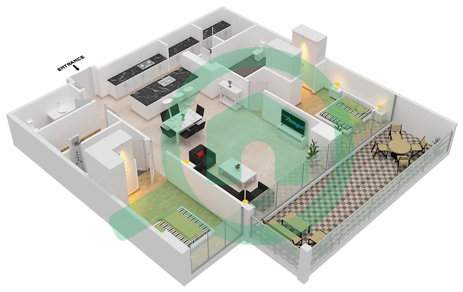 六善公寓 - 2 卧室顶楼公寓类型／单位A1/8 FLOOR 1戶型图 interactive3D