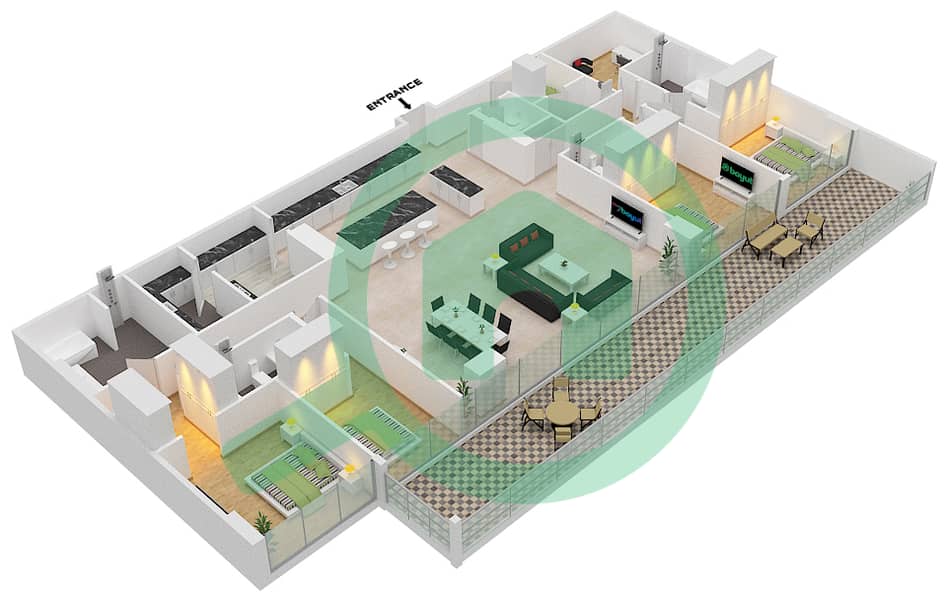 六善公寓 - 4 卧室顶楼公寓类型／单位C4/7 FLOOR 1戶型图 interactive3D