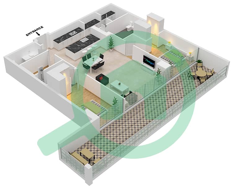 المخططات الطابقية لتصميم النموذج / الوحدة A1/2 FLOOR 2 بنتهاوس 2 غرفة نوم - سيكس سينسيز ريزيدنس interactive3D