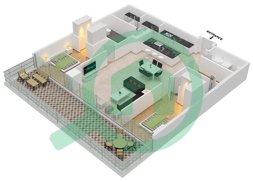 المخططات الطابقية لتصميم النموذج / الوحدة A1/6 FLOOR 8 بنتهاوس 2 غرفة نوم - سيكس سينسيز ريزيدنس interactive3D