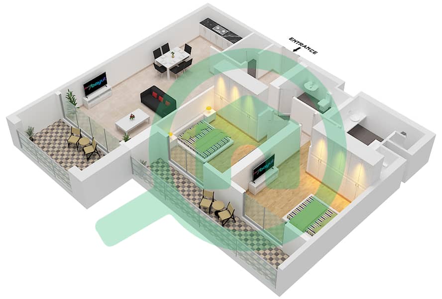 المخططات الطابقية لتصميم النموذج A1 شقة 2 غرفة نوم - الزينة A Floor 2 - 14 interactive3D