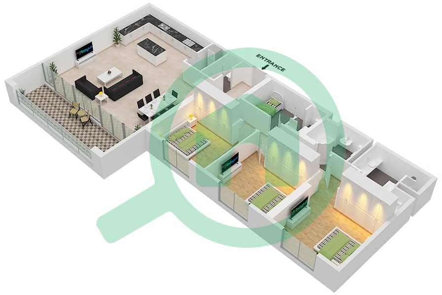 阿尔泽纳大厦A座 - 3 卧室联排别墅类型A3 FLOOR-4-14戶型图 Floor-4-14 interactive3D