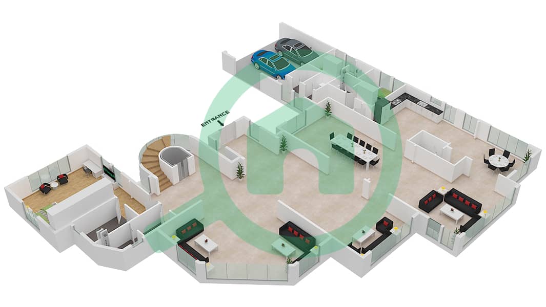 المخططات الطابقية لتصميم النموذج B فیلا 6 غرف نوم - فور بيرلز Ground Floor interactive3D
