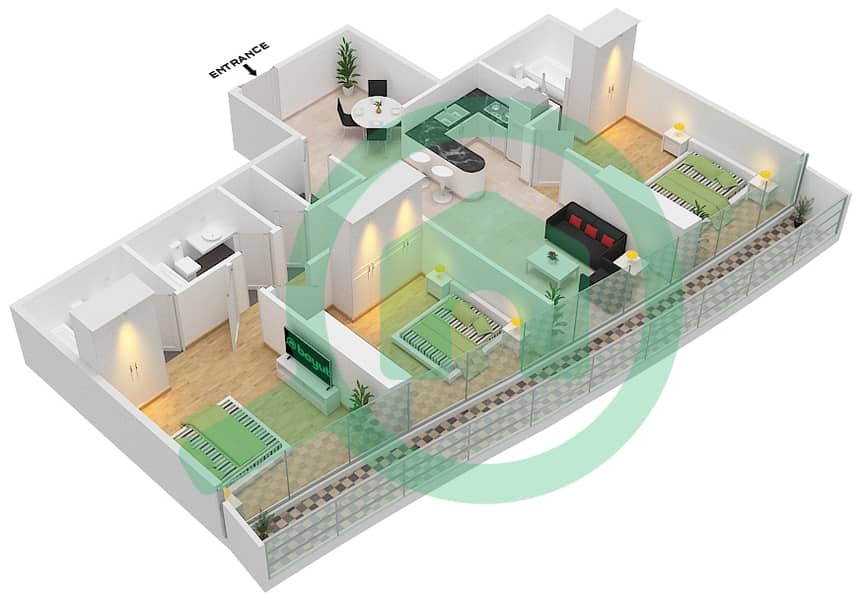 المخططات الطابقية لتصميم الوحدة 808 FLOOR 8TH شقة 3 غرف نوم - مارينا باي من داماك Floor 8Th interactive3D