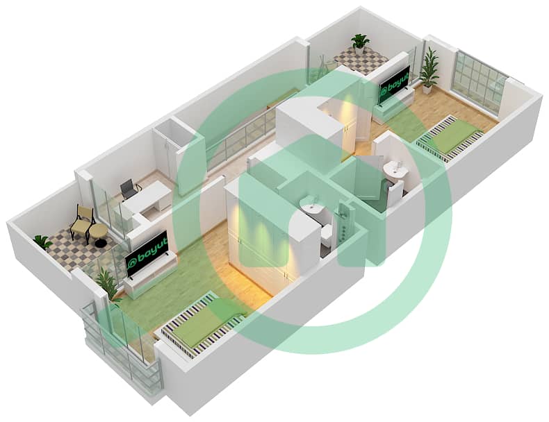 المخططات الطابقية لتصميم النموذج 2A فیلا 2 غرفة نوم - ياسمين لين First Floor interactive3D