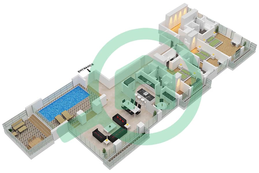 المخططات الطابقية لتصميم النموذج 702 فیلا 3 غرف نوم - بالم كوتور ريزيدينسيس interactive3D