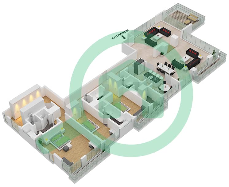 帕尔梅高级定制公寓 - 3 卧室别墅类型701戶型图 interactive3D