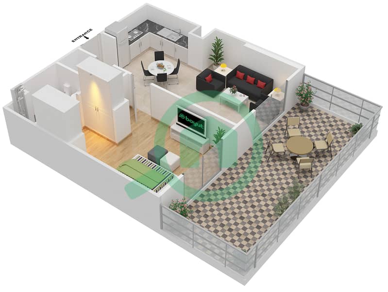 Резиденция Парклейн 4 - Апартамент 1 Спальня планировка Тип R MIDDLE UNIT interactive3D