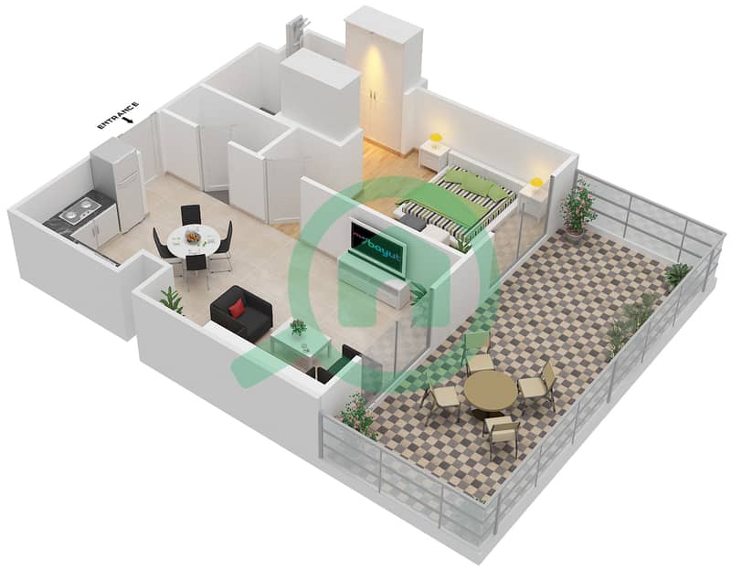 Резиденция Парклейн 4 - Апартамент 1 Спальня планировка Тип S MIDDLE UNIT interactive3D