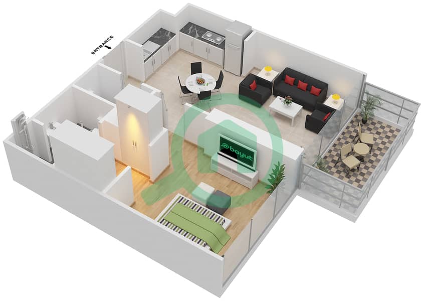 园路公寓2号楼 - 1 卧室公寓类型C  MIDDLE UNIT戶型图 interactive3D