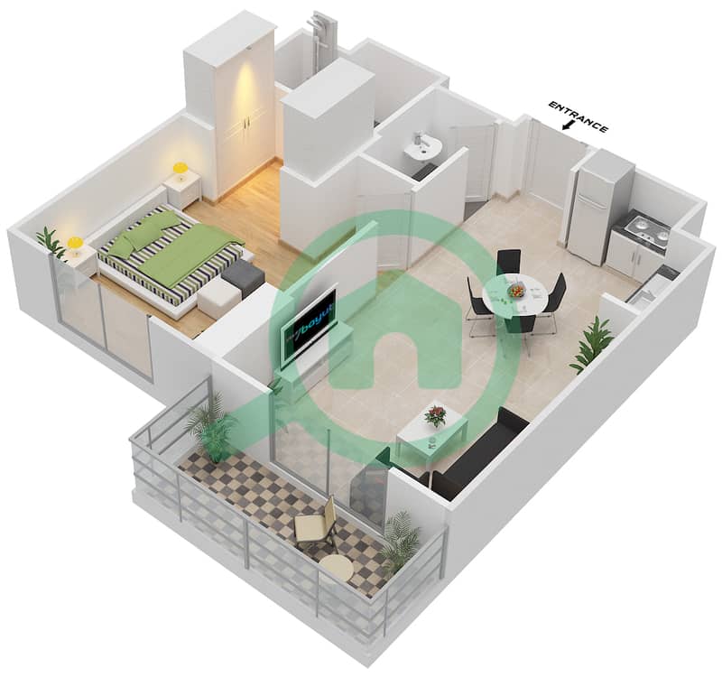 المخططات الطابقية لتصميم النموذج D MIDDLE UNIT شقة 1 غرفة نوم - بارك لاين ريزيدنس 2 interactive3D