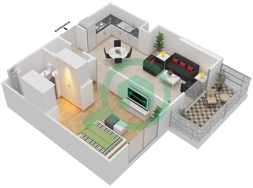المخططات الطابقية لتصميم النموذج J MIDDLE UNIT شقة 1 غرفة نوم - بارك لاين ريزيدنس 4 interactive3D