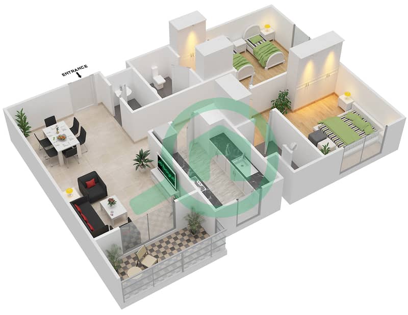 园路公寓4号楼 - 2 卧室公寓类型G CORNER UNIT戶型图 interactive3D