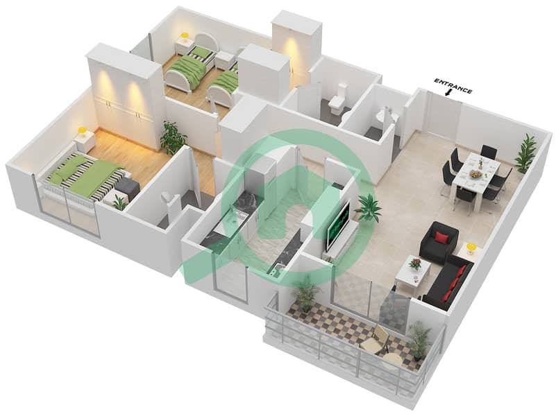 Резиденция Парклейн 3 - Апартамент 2 Cпальни планировка Тип G CORNER UNIT interactive3D