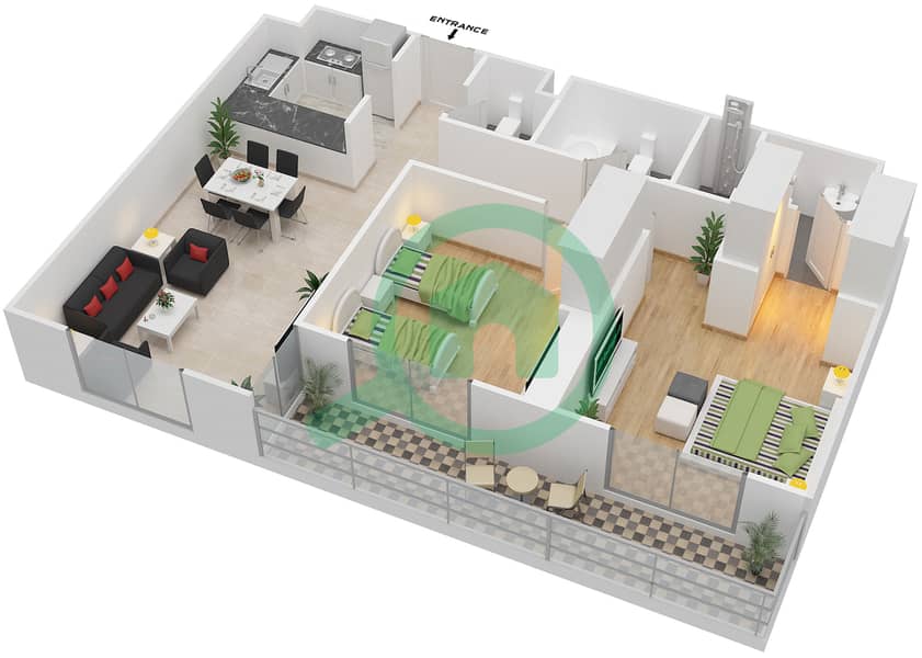 园路公寓1号楼 - 2 卧室公寓类型／单位G/CORNER UNIT/FLOOR 2-12戶型图 Floor 2-12,14 interactive3D
