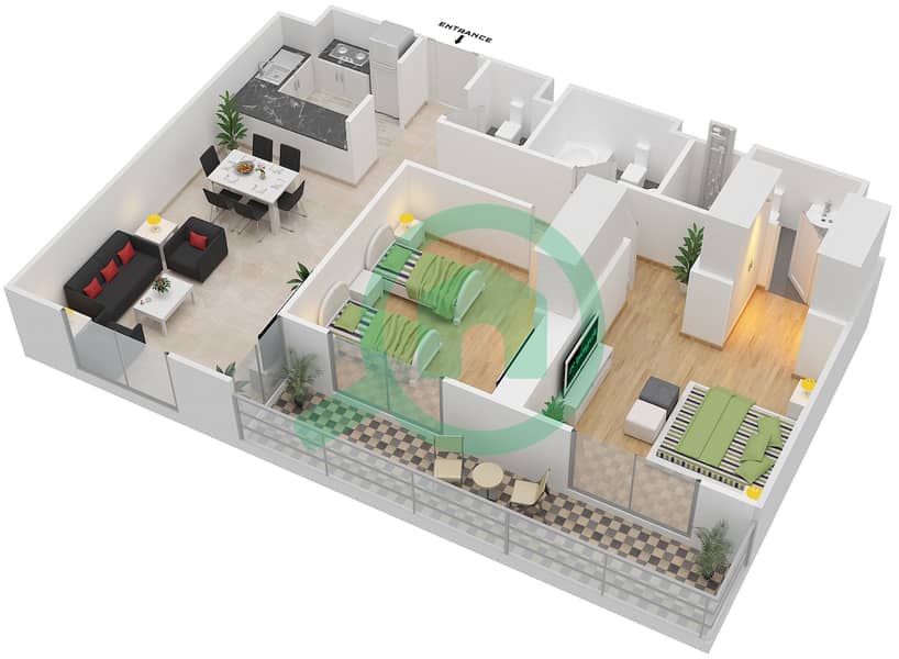 Резиденция Парклейн 4 - Апартамент 2 Cпальни планировка Тип F MIDDLE UNIT interactive3D