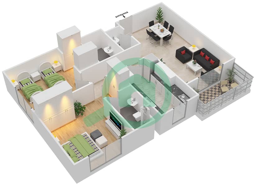 Резиденция Парклейн 2 - Апартамент 2 Cпальни планировка Тип F CORNER UNIT interactive3D