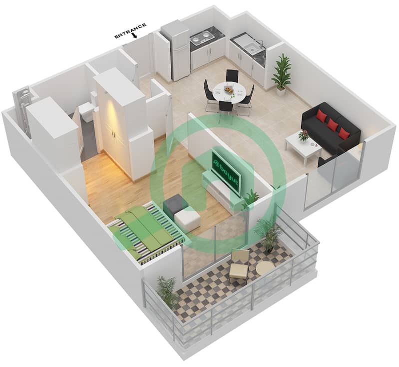 Резиденция Парклейн 4 - Апартамент 1 Спальня планировка Тип F MIDDLE UNIT interactive3D