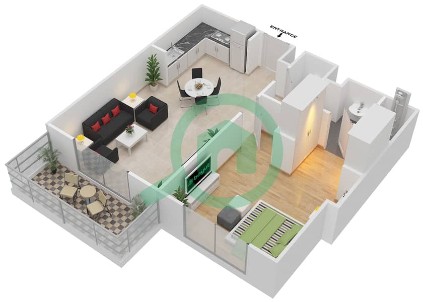 园路公寓4号楼 - 1 卧室公寓类型P CORNER UNIT戶型图 interactive3D
