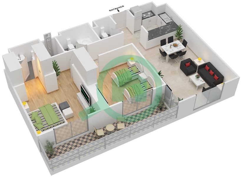 园路公寓1号楼 - 2 卧室公寓类型／单位E/MIDDLE UNIT/FLOOR 2-12戶型图 Floor 2-12,14 interactive3D