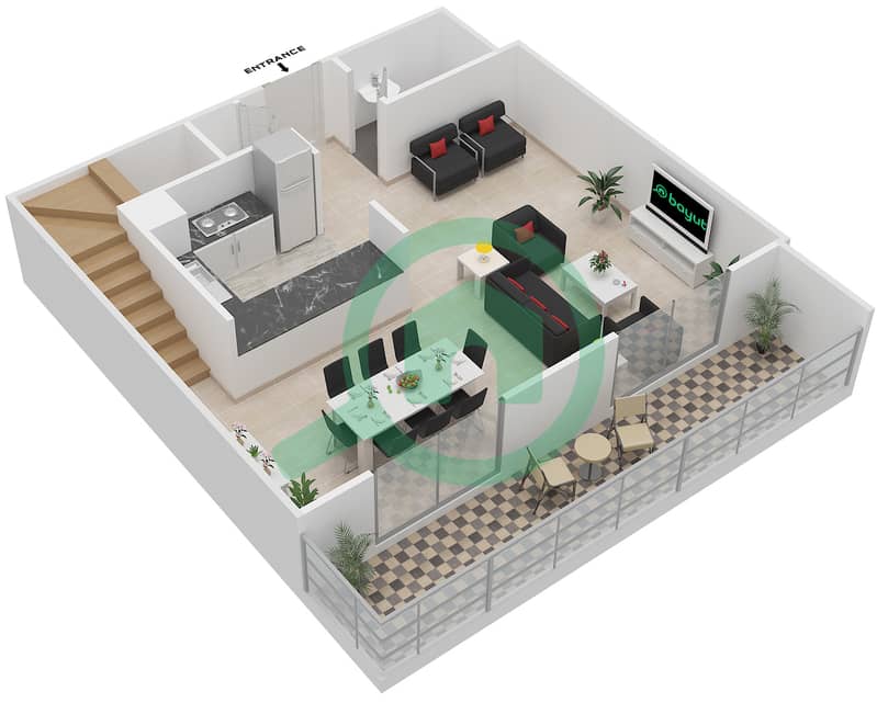 المخططات الطابقية لتصميم النموذج E DUPLEX MIDDLE UNIT شقة 2 غرفة نوم - بارك لاين ريزيدنس 4 interactive3D